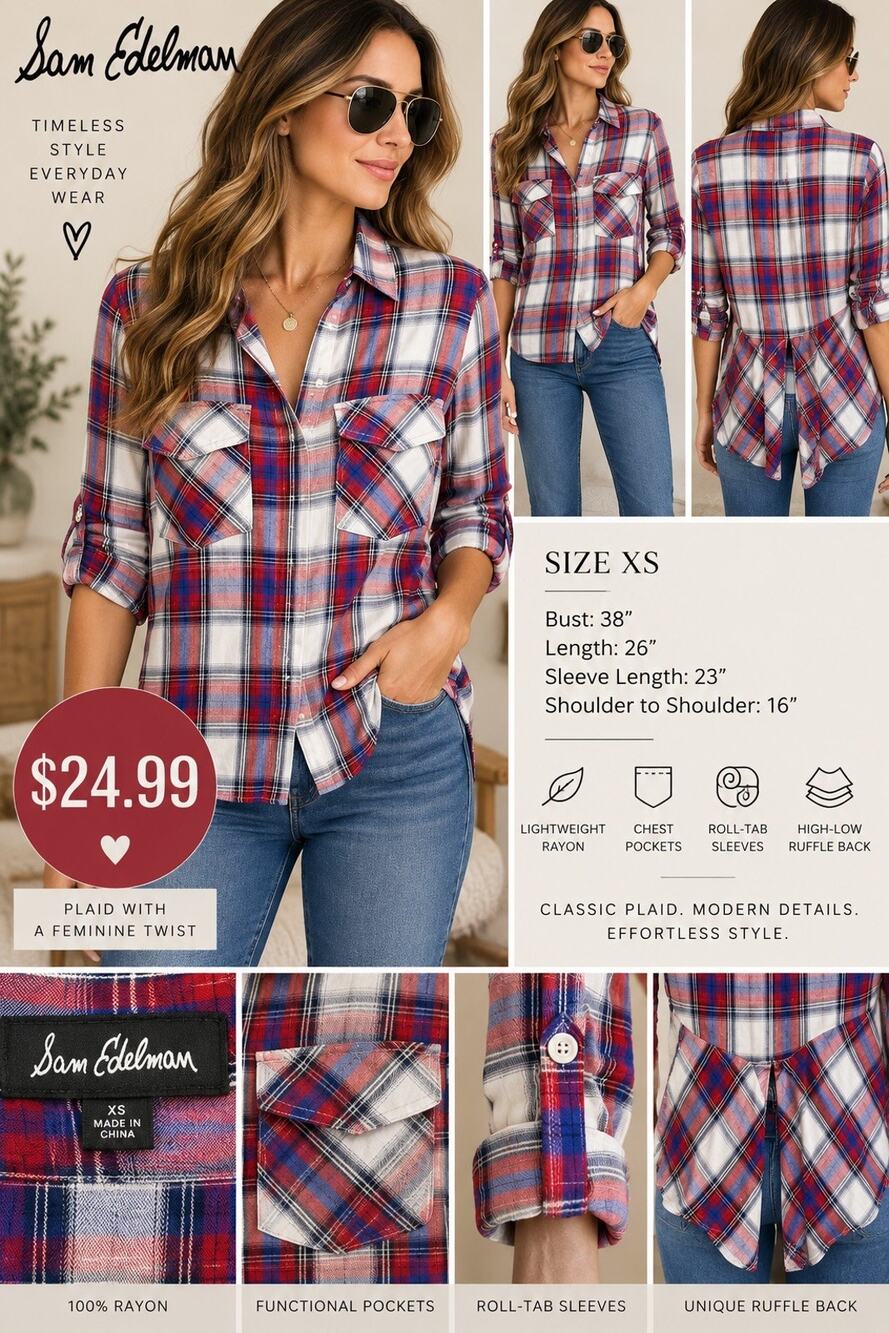 Sam Edelman Plaid Shirt Women XS Red Blue High Low Ruffle Back Button Down